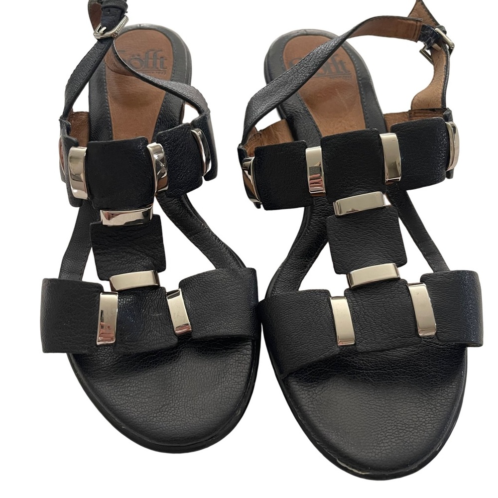 SOFFT Black Leather Slingback Open Toe Sandals with Silver Hardware. Size 7.5